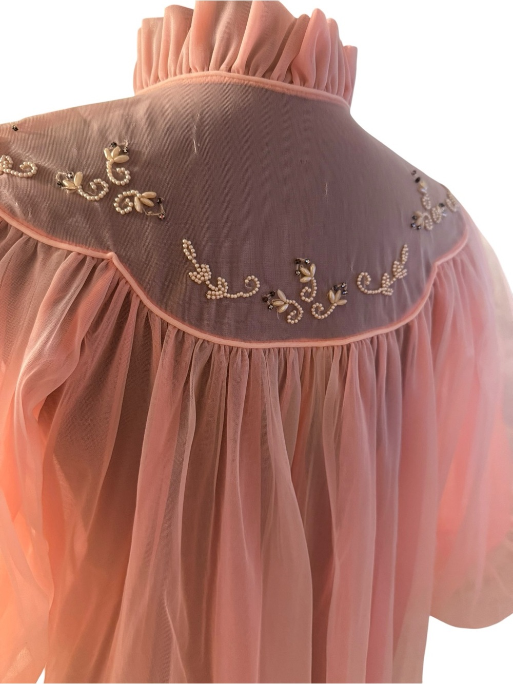 Vintage 60s pink Parfait Robe Babydoll Peignoir Classy Beaded One Size - Picture 6 of 8